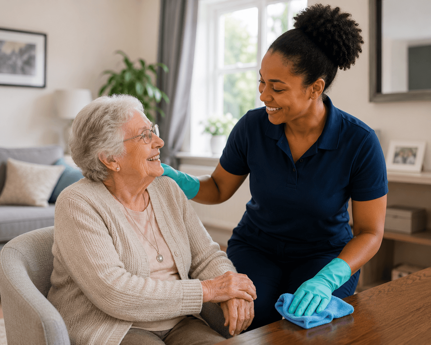 An elderly customer smiling with her Hygeia cleaner in her living room