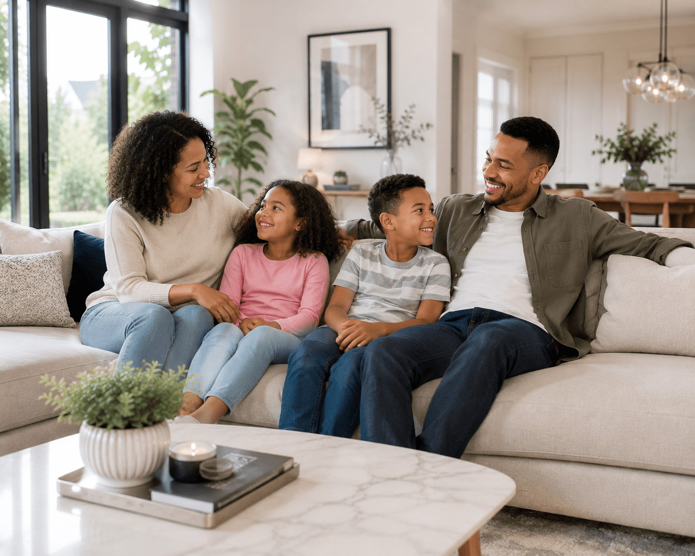 A family relaxing in their freshly cleaned living room