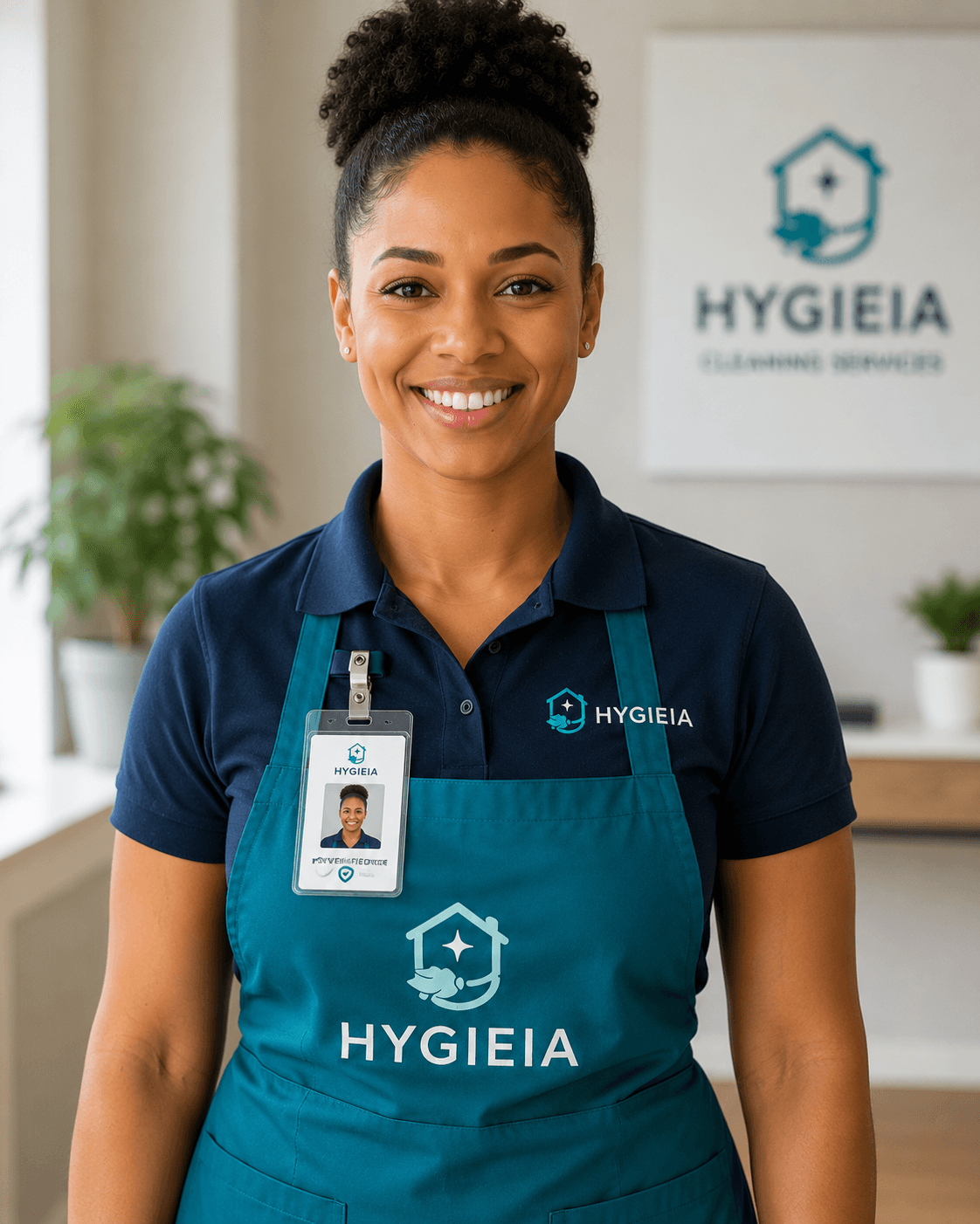 A verified Hygeia cleaner wearing her staff badge