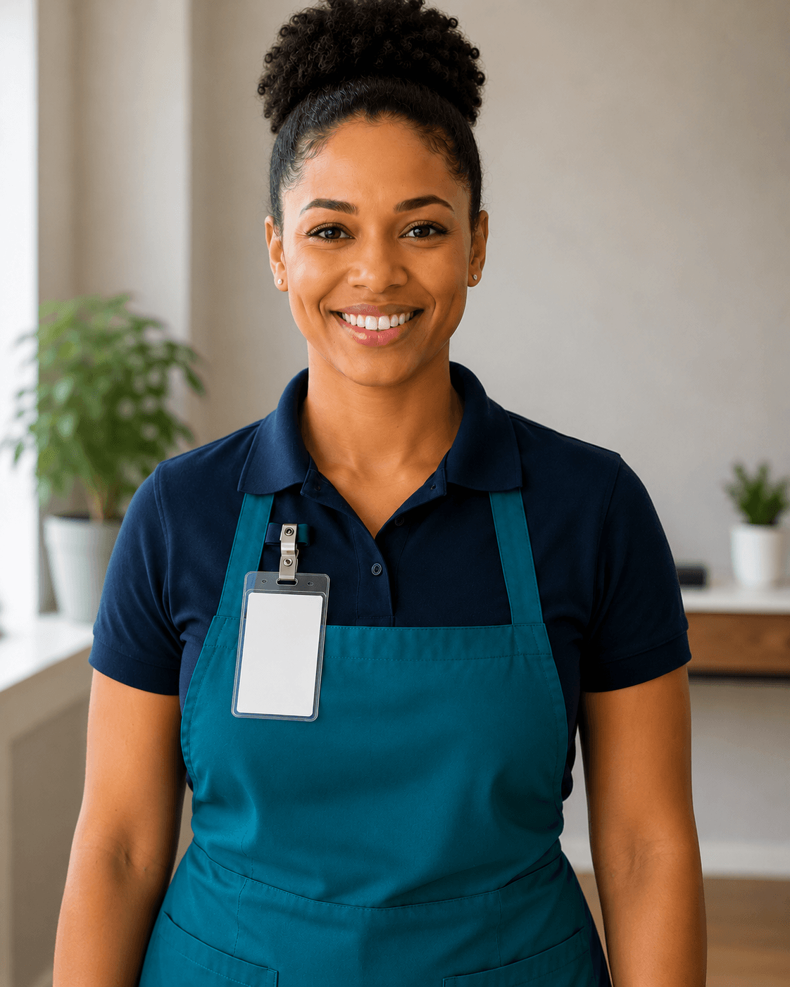 A verified Hygeia cleaner wearing her staff badge